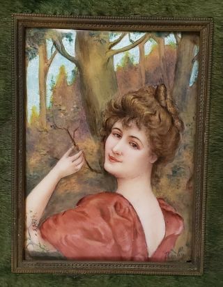Antique French Art Nouveau Limoges Enamel over Copper Portrait Painting Plaque 2