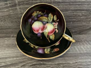Rare Aynsley Orchard Fruit Tea Cup And Saucer Black Background Gold Trim