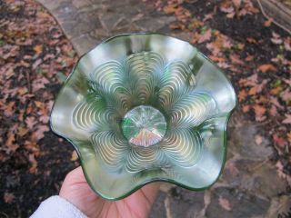 FENTON GENERAL FURNITURE Green Antique CARNIVAL GLASS BOWL Peacock Tail Hat Art 2