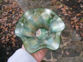FENTON GENERAL FURNITURE Green Antique CARNIVAL GLASS BOWL Peacock Tail Hat Art 3