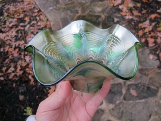 FENTON GENERAL FURNITURE Green Antique CARNIVAL GLASS BOWL Peacock Tail Hat Art 4