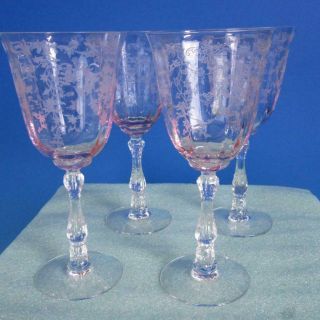 Fostoria Elegant Glass - Pink Navarre - 4 Footed Water Goblets Glasses