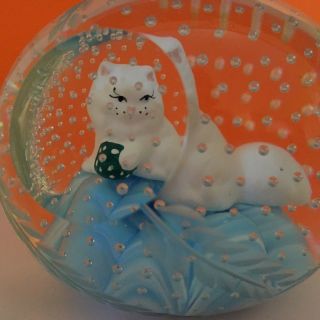 Joe St.  Clair Art Glass SULPHIDE CAT Paperweight Etched Leaves Double Panes Rare 2