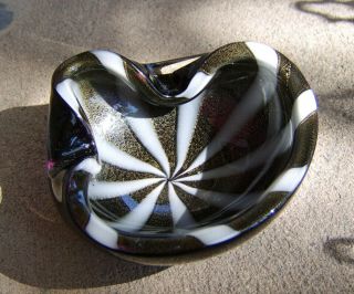 Vintage Murano Glass Ashtray Or Dish Black (purple),  White & Metallic Gold