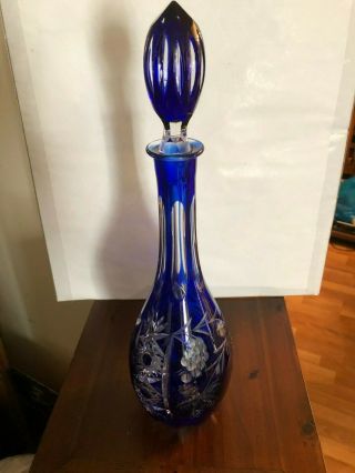 Vintage Bohemian Czech Crystal Cobalt Blue Cut To Clear Wine Decanter W/stopper