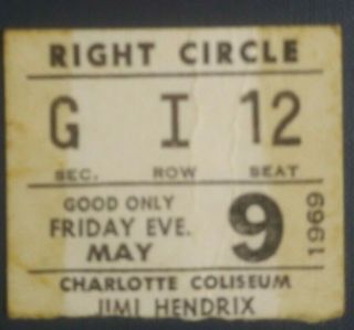 Jimi Hendrix Concert Ticket Stub,  5/9/1969 Charlotte,  Nc