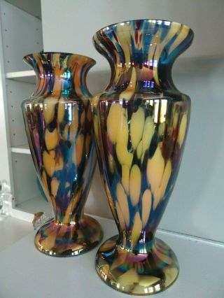 Pair 1930 Kralik Tango Glass Czech Red White Blue Cased Iridescent Spatter Vases