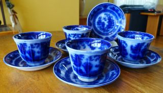 9 Antique Flow Blue Ironstone Cups & Saucers Podmore Walker Temple Staffordshire