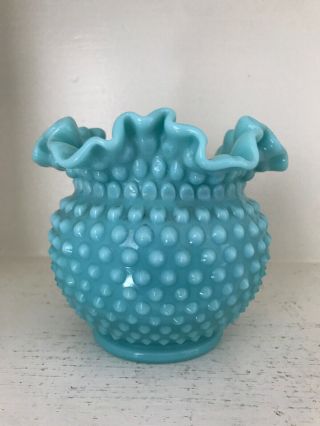 Fenton Turquoise Blue Milk Glass Ruffled Hobnail 5 1/4” Vase