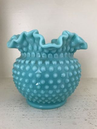 Fenton Turquoise Blue Milk Glass Ruffled Hobnail 5 1/4” Vase 2