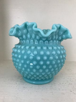 Fenton Turquoise Blue Milk Glass Ruffled Hobnail 5 1/4” Vase 3