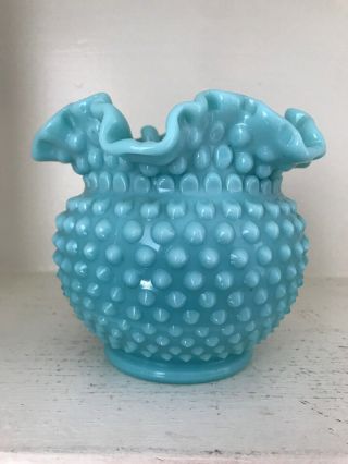 Fenton Turquoise Blue Milk Glass Ruffled Hobnail 5 1/4” Vase 4