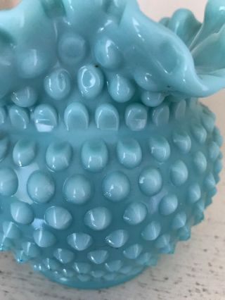 Fenton Turquoise Blue Milk Glass Ruffled Hobnail 5 1/4” Vase 5