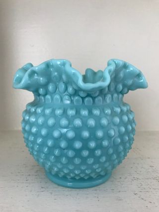 Fenton Turquoise Blue Milk Glass Ruffled Hobnail 5 1/4” Vase 6
