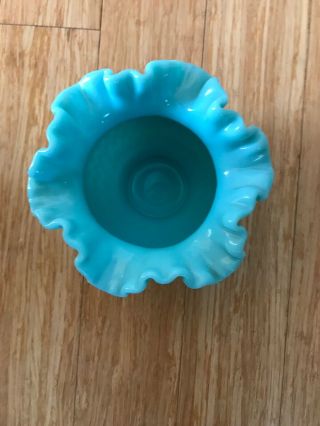 Fenton Turquoise Blue Milk Glass Ruffled Hobnail 5 1/4” Vase 7