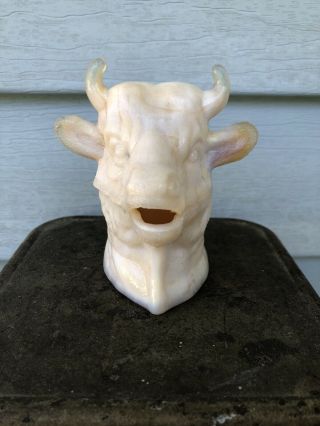 Antique Vintage Rare Milk Glass Bull Steer Head Mustard Covered Dish Pipe Rest