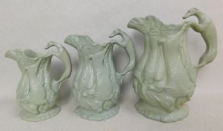 Antique Majolica Parian Ware Dog Handle Game Hare Hunt Scenic Pitcher Set 1800s
