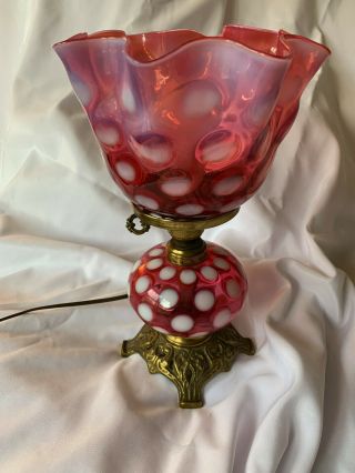 Fenton Opalescent Cranberry Optic Dot Lamp With Tulip Shade Wonderful