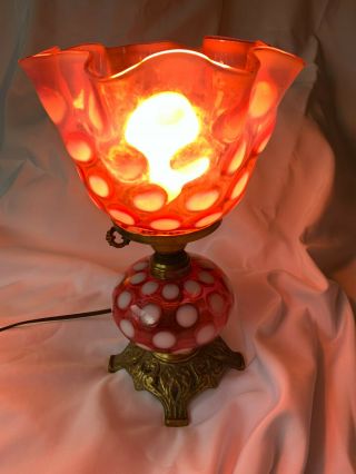 Fenton Opalescent Cranberry Optic Dot Lamp with Tulip Shade Wonderful 5