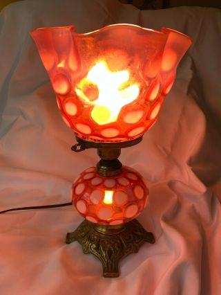 Fenton Opalescent Cranberry Optic Dot Lamp with Tulip Shade Wonderful 6