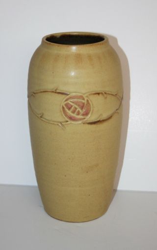 SCOTT DRAVES/DOOR POTTERY - Signed Arts & Crafts Style Clay Vase - Roses 2