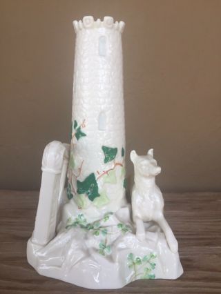Belleek Harp Hound & round Tower Centerpiece Vase.  Irish Porcelain 4