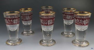 6 Antique C1900 Bohemian Engraved Red Cut To Clear Gilt Cordial/shot Glasses