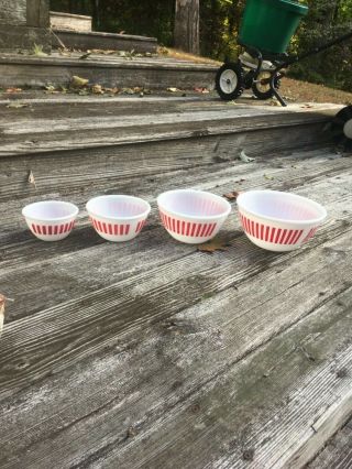 Set Of 4 Hazel Atlas Red Candy Stripe Mixing Bowls Mid Century Modern Mcm