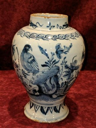 Early Antique Dutch Delft Vase / Jar / Handpainted Bird & Foliage / Blue & White