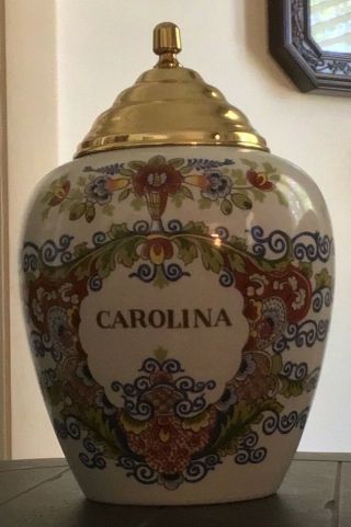 Antique Delft Carolina Tobacco Jar With Brass Lid