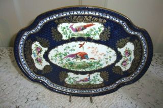 Antique Booths England Chelsea Birds Oval 13.  5 Inch Blue Porcelain Platter