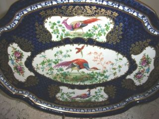 Antique Booths England CHELSEA BIRDS Oval 13.  5 Inch Blue Porcelain Platter 2