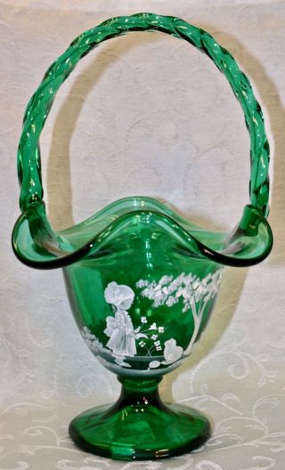 Fenton,  Basket,  Green Glass,  Mary Gregory,  Hand Decorated.