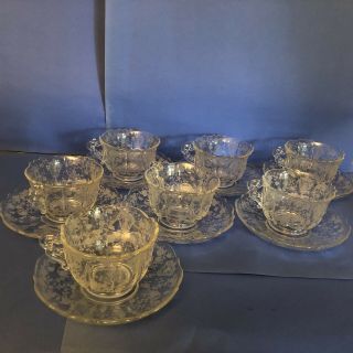 Set Of 7 Cambridge Rose Point Clear 3900/17 Cups And Saucers
