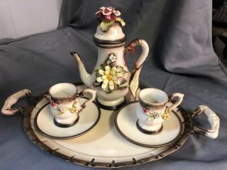 Vintage Rare Capodimonte Tray W/ Coffee/tea Pot,  2 Cups/plates