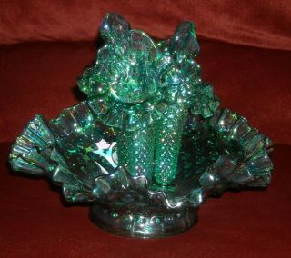 Htf Vintage Fenton Hobnail Epergne 3 Horn Green Carnival Glass