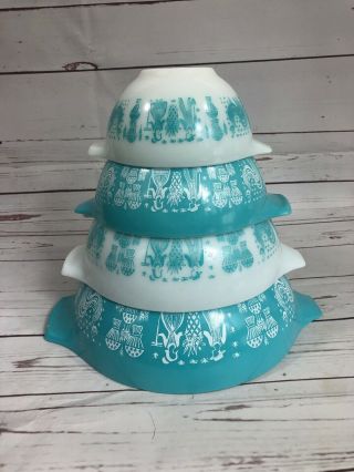 Vtg Pyrex Amish Butterprint Turq.  Blue Cinderella 4 Pc Nesting Mixing Bowl Set