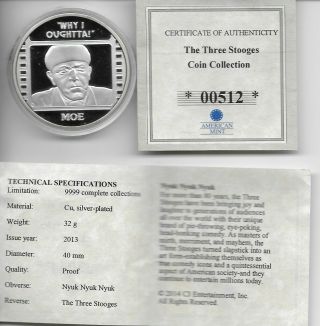 The Three Stooges Moe American Silver Plated Coin In Case S/h
