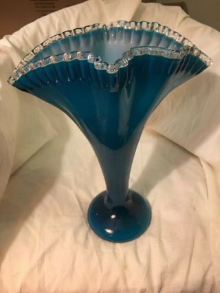 Vintage Fenton 13 " Tall Jamestown Blue Art Cased Glass Fan Vase Silver Crest