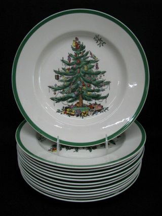Set Of 12 Spode Christmas Tree (green Trim) Dinner Plates S3324 - U England;