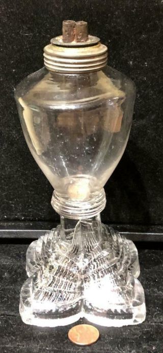 Antique Sandwich Glass Blown Font Whale Oil Lamp,  Stepped Quatrefoil Base,  1825