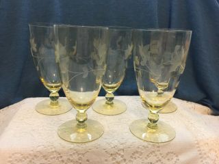 Vintage Yellow Etched Crystal Stemware - Glasses - Set Of 5