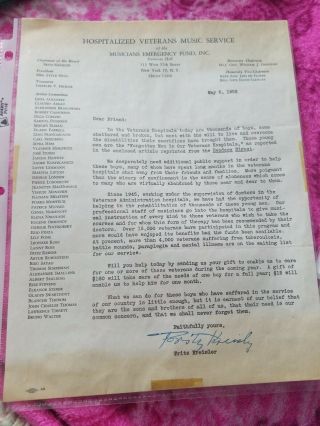 Violinist Fritz Kreisler Autographed Letter From 1952 Re: War Veterans