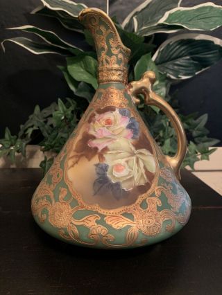 Vintage Hand Painted Nippon Ewer/jug Vase Rose And Gold