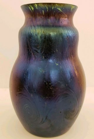 Vintage Czech Loetz Style Mid Century Blue Iridescent Art Glass Vase