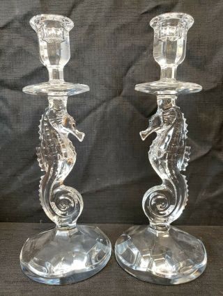 Waterford Signed Crystal Seahorse 11.  5 " Candlestick Candle Holders Pair Set Of 2