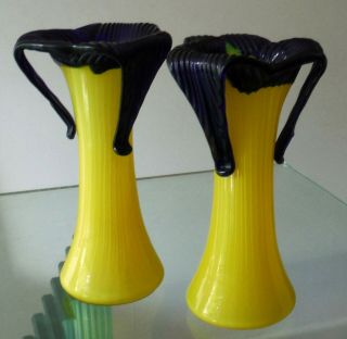 Antique Lemon Yellow Tango Glass Vases - Dark Blue Handles - Kralik/loetz/bohemian ^