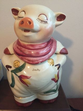 Vintage Shawnee Smiley Farmer Pig Cookie Jar W/ Tulips