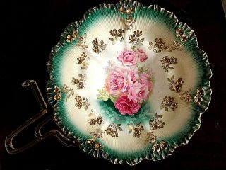 Rare Rs Prussia Porcelain Molded Bowl Pink Roses Gold Trim Emerald 10” - Stunning