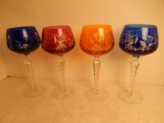 Ajka Bohemian Crystal Cut To Clear Colored Cobalt Blue,  Red Wine Hock Stem 4